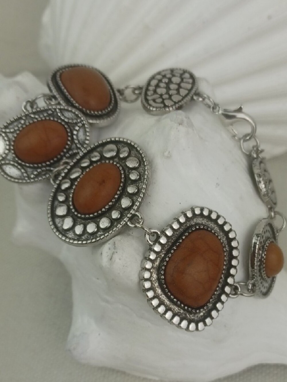 Sterling-Style Southwest Boho Red-Dirt-Road-Brown Stone Link Bracelet